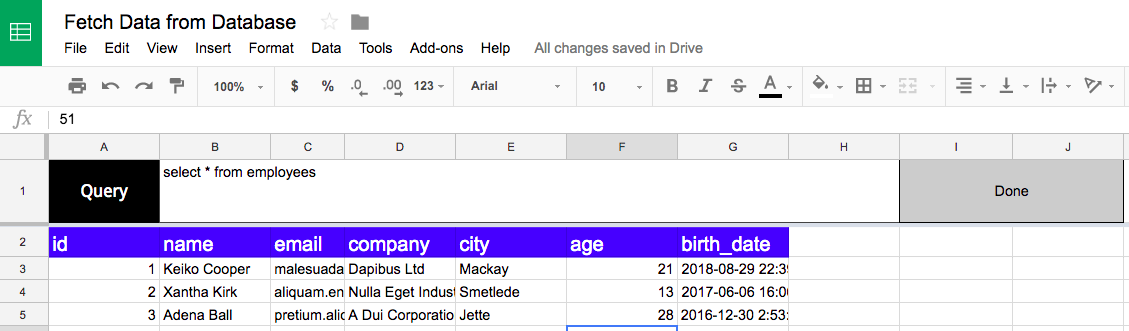 Example of executed query in Spreadsheet